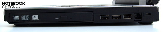 Lato destro: drive opzionale, 3xUSB-2.0, RJ-11 (modem), Kensington Lock