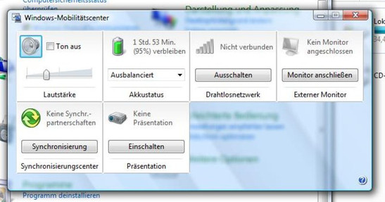 The Windows Vista mobility center pools all important notebook settings.