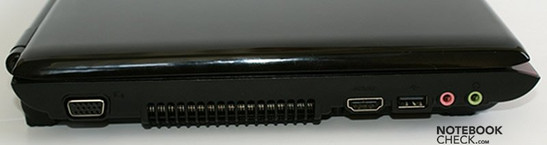 Lato sinistro: VGA, Ventola, HDMI, USB, Audio-in, Audio-out