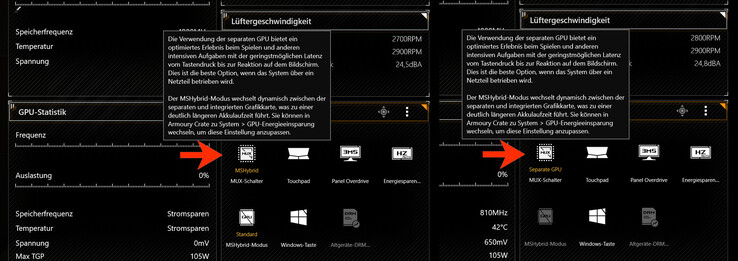 Solo una piccola sezione del software Armoury Crate indica se è attiva la modalità Optimus ("MSHybrid") o la modalità dGPU ("Separate GPU").