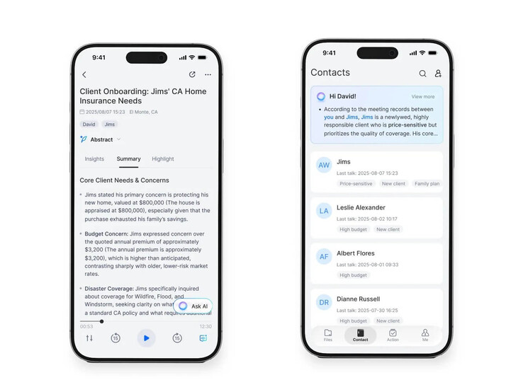 A sinistra c'è un tipico riepilogo. Le persone nominate possono essere aggiunte ad un elenco di contatti.