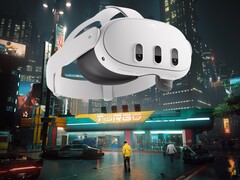 L'auricolare Meta Quest 3 VR mostrato nella Night City di Cyberpunk 2077 (Fonte immagine: Meta, Steam con modifiche)