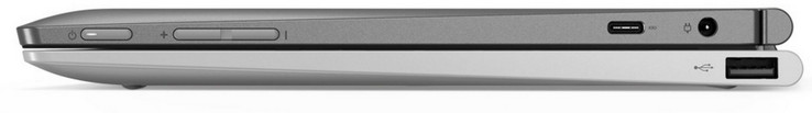 A destra: tablet – pulsante accensione, controllo volume, USB 3.1 Gen 1 Type-C, porta ricarica; tastiera – USB 2.0 Type-A