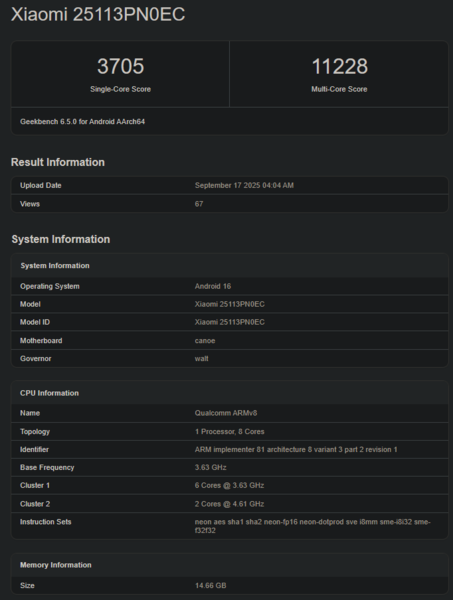 Nuovo punteggio Geekbench di Snapdragon 8 Elite Gen 5 (fonte: Geekbench)