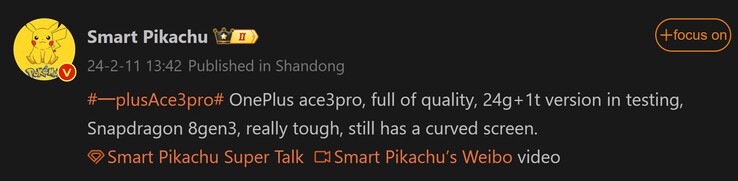 Smart Pikachu condivide le prime informazioni su OnePlus Ace 3 Pro (Fonte immagine: Weibo)