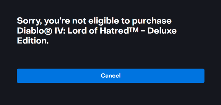 Errore di acquisto di Diablo 4 Lord of Hatred (fonte: proprio)