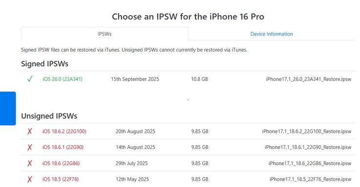 A partire dal 23 settembre, iOS 26.0 è l'unica versione firmata di iOS disponibile per la serie iPhone 16 e per altri dispositivi iOS 26. (Fonte immagine: IPSW)