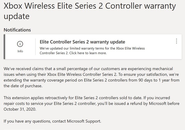Aggiornamento della garanzia dell'Elite Controller Series 2 di Microsoft. (Immagine: Microsoft)