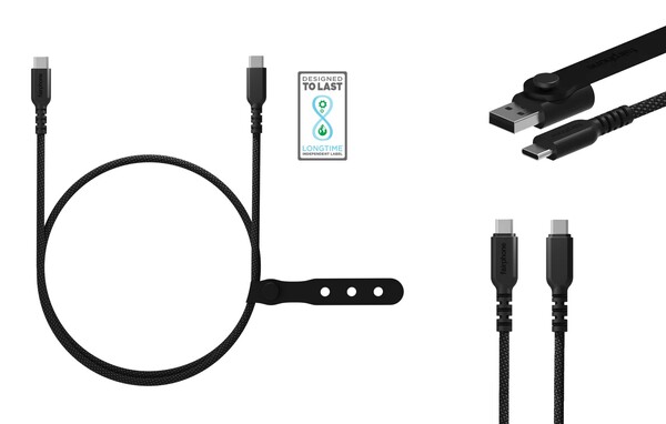 I cavi Fairphone USB-C sono intrecciati e vengono forniti con un adattatore USB-A. (Fonte: Fairphone)