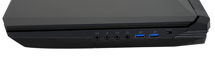 A destra: uscita audio 7.1 da 3,5 mm, auricolari, microfono, ingresso S/PDIF, 2x USB 3.0, Kensington Lock