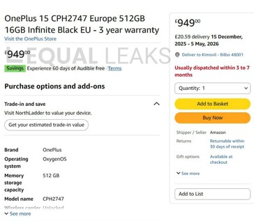 L'annuncio di OnePlus 15 su Amazon UK (Fonte: Equal Leaks)