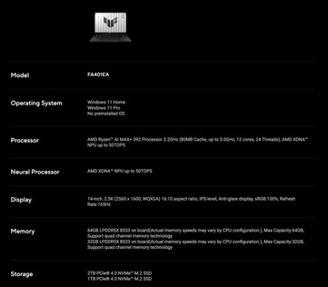 Le specifiche di Asus TUF Gaming A14 FA401EA a livello globale. (Fonte immagine: Asus)