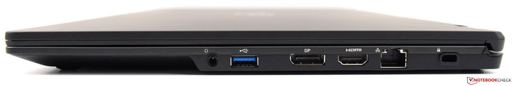 Destra: jack audio combinato, UBS 3.0 Type-A, DisplayPort, HDMI, Ethernet, Kensington Lock