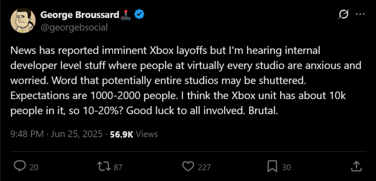 George Broussard ha parlato di licenziamenti da Xbox (Fonte immagine: screenshot, account George Broussard X)
