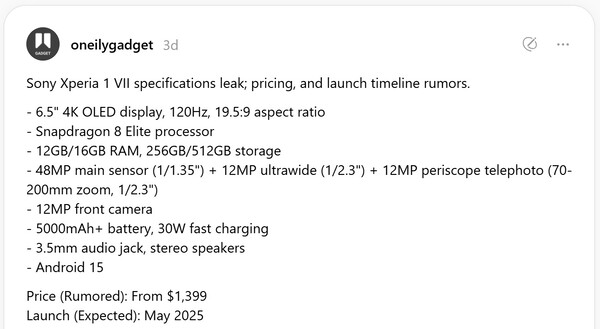 Presunte specifiche di Sony Xperia 1 VII. (Fonte: oneilygadget)