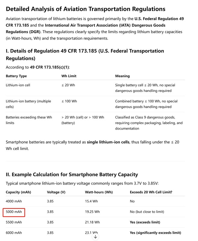 Secondo la normativa statunitense sui trasporti aerei 49 CFR 173.185, tutte le batterie al litio con una capacità superiore a 20 Wh per cella devono essere classificate come merci pericolose.