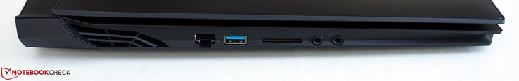 lato sinistro: RJ45 LAN, USB-A 3.0, lettore di card, jack cuffie, jack microfono
