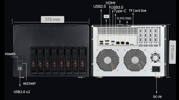 L'I/O posteriore e anteriore di XYC X108 NAS PC. (Fonte immagine: AndroidPC.es)