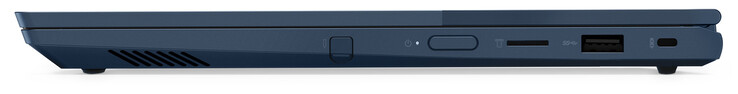 Lato destro: Smart Pen, pulsante di alimentazione / lettore di impronte digitali, lettore di schede SD (MicroSD), USB 3.2 Gen 1 (tipo A), slot per cable lock