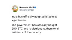 L'India adotta Bitcoin come moneta legale, leggi l'account violato (immagine: Narendra Modi/Twitter)