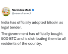 Gli hacker twittano che l'India ha accettato Bitcoin come moneta ufficiale dall'account del premier Modi