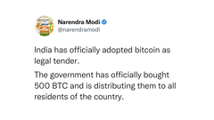 L&#039;India adotta Bitcoin come moneta legale, leggi l&#039;account violato (immagine: Narendra Modi/Twitter)