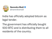 Gli hacker twittano che l'India ha accettato Bitcoin come moneta ufficiale dall'account del premier Modi
