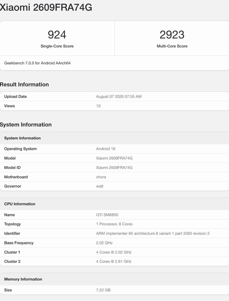 Il Redmi Note 17 Pro Max compare su Geekbench 7.