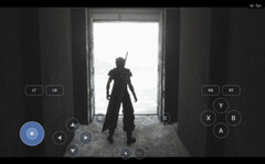 Gioco per PC eseguito tramite DroidDeck su Android, con un personaggio in un paesaggio innevato e pulsanti del controller virtuale.