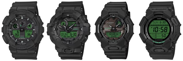 Da sinistra a destra: gli orologi Casio G-Shock GA100BEG-1A, GA700BEG-1A, GAB010BEG-1A e GD010BEG-1