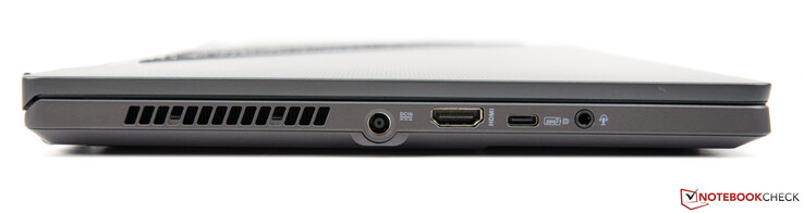 A destra: Alimentazione, HDMI 2.0b, USB-C 3.2 Gen. 2 (con DP, PD e G-Sync), jack audio 3.5 mm combinato