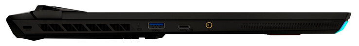 Sinistra: porta di blocco del cavo, USB 3.2 Gen 2 (USB-A), USB 3.2 Gen 2 (USB-C; DisplayPort), porta audio combinata