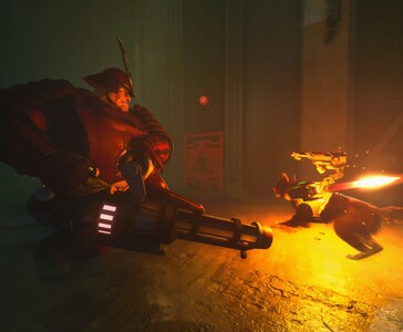 L'agente T.H.U.N.D.E.R. combatte un nemico pesantemente corazzato con un lanciafiamme a Barkour, utilizzando armi high-tech montate. (Fonte immagine: Varsav Game Studios via Steam)