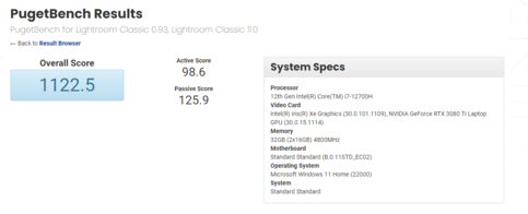 Configurazione della GPU del laptop Intel Core i7-12700H e RTX 3080 Ti su PugetBench. (Fonte: PugetBench)