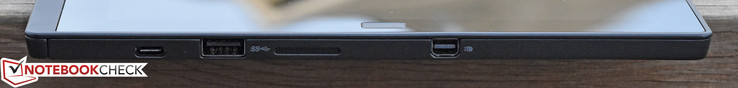 Right: USB Type-C 3.1 Gen 1, USB 3.0, speaker, mini-DisplayPort (Not shown: MicroSD card reader, beneath kickstand)