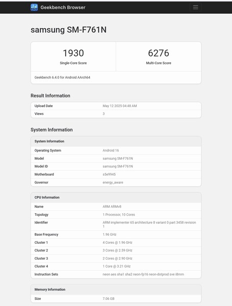 Galaxy Z Flip FE su Geekbench (fonte immagine: Abhishek Yadav su X)