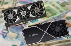 Le schede della serie Radeon RX 6000 e GeForce RTX 30 sono ancora troppo costose. (Fonte immagine: AMD/Nvidia/Unsplash - modificato)