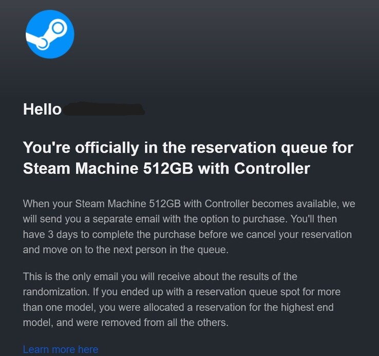 E-mail di prenotazione della Steam Machine.