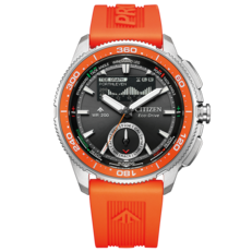Immagine frontale del prodotto Citizen Promaster Wave Tracker JV3000-13E con cinturino in gomma arancione, lunetta arancione, quadrante nero e display analogico-digitale con timer da regata.