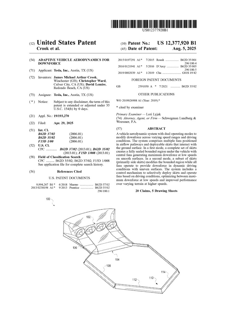 Il brevetto del sistema aerodinamico a lama della Tesla Roadster 2. (Fonte: USPTO)