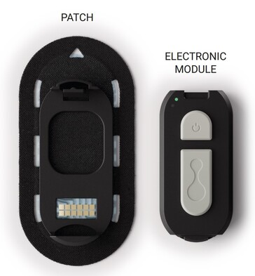 Il sistema Connected Hydration utilizza un modulo elettronico riutilizzabile agganciato a un cerotto sensore monouso per monitorare l'idratazione dei dipendenti. (Fonte: Epicore)