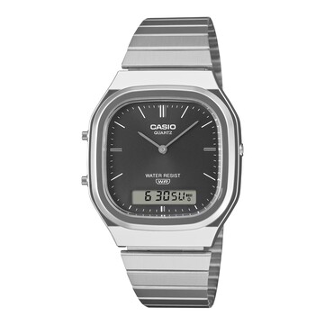 Orologio analogico-digitale retrò Casio AQ-240E-1A con quadrante nero sunburst, cassa color argento e bracciale in acciaio inossidabile.