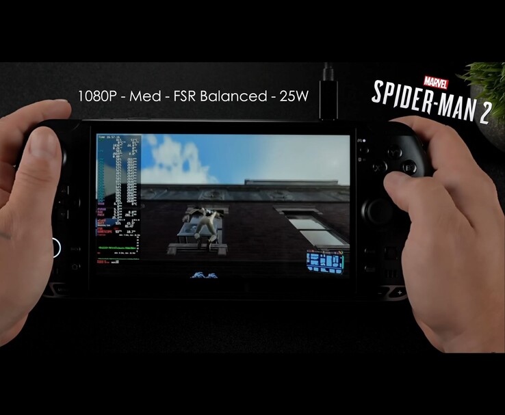 PC portatile GPD Win 5 che esegue Marvel's Spider-Man 2 a 1080p con impostazioni medie, FSR Balanced e un TDP di 25 W. (Fonte immagine: ETA PRIME via YouTube)