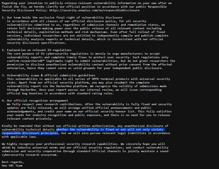 OnePlus minaccia di intraprendere azioni legali nei confronti di un ricercatore di sicurezza qualora la vulnerabilità venisse resa pubblica anche dopo che il difetto è stato risolto