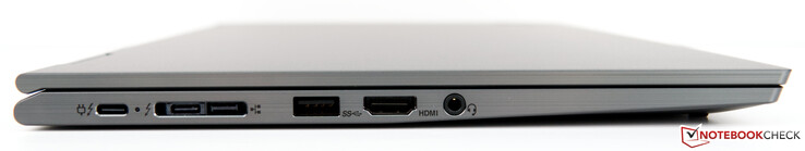 A sinsitra: porta Docking port (due porte Thunderbolt 3, una porta Mini-Ethernet), una porta USB 3.0 Type-A, una uscita HDMI 1.4b, jack combinato cuffie/microfono