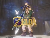 Banner per il remake di Zelda: Ocarina of Time che mostra Link con la Master Sword in mano
