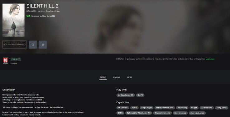 Schermata della pagina del gioco Silent Hill 2 sul Microsoft Store. (Fonte immagine: TrueAchievements)