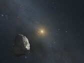 Un'illustrazione che raffigura un asteroide e una stella.