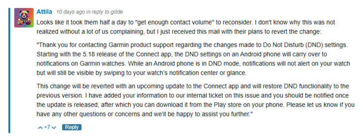 Uno screenshot di una porta del Forum Garmin con un messaggio di Garmin. (Fonte immagine: Forum Garmin)