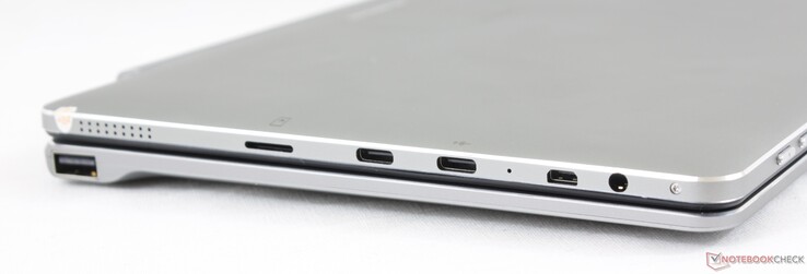 Lato sinistro: USB 2.0 (sulla base), MicroSD reader, USB Type-C 2.0, USB Type-C 3.1, Micro-HDMI, cuffie 3.5 mm